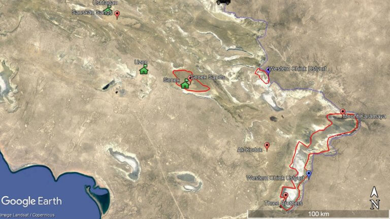 Satellite image of Senek Sands, Boszhira and Karynzharyk Depression.